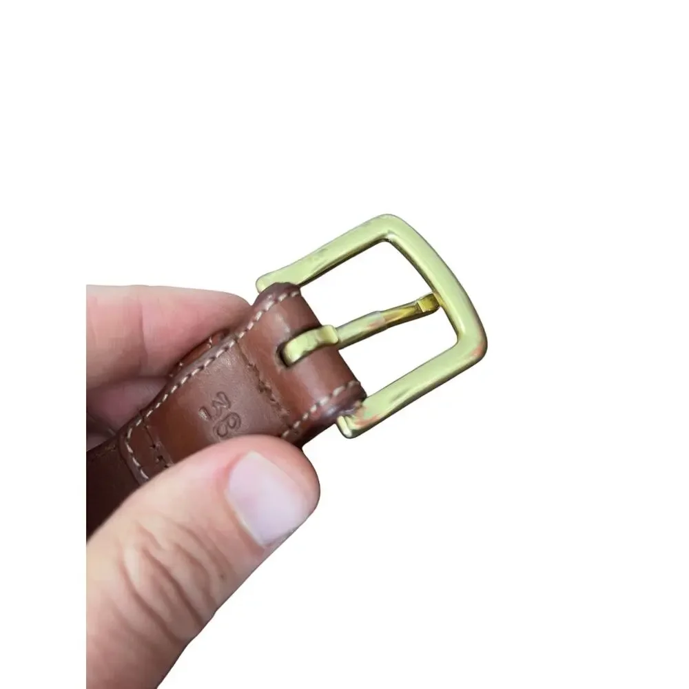 Collared Greens Sz 38 Dockside Navy Ivory Brown Leather Canvas Belt Brass Buckle